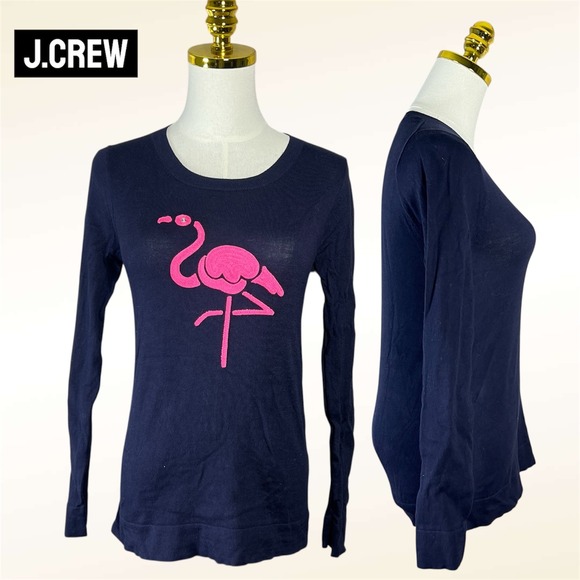 J. Crew Sweaters - J. Crew Navy Blue Long Sleeve Pink Flamingo Graphic Knit Sweater Top XS